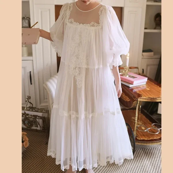 S60d45daa17714ab2813af54a5700170c8.webp Vintage Victorian Cotton Gauze Nightgown – White Long Sleeve Lace Sleep Dress