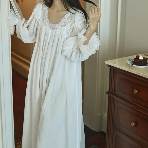 Ivory Lace Cotton Nightgown – Flowing Fit Vintage jacquard cotton nightgown in warm ivory at full length