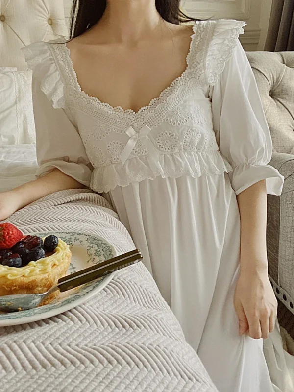 Vintage Victorian Cotton Lace Nightgown – White Long Sleeve Edwardian Sleepwear