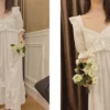 Vintage Victorian Cotton Lace Nightgown – White Long Sleeve Edwardian Sleepwear
