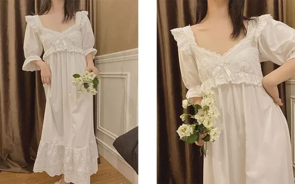 Vintage Victorian Cotton Lace Nightgown – White Long Sleeve Edwardian Sleepwear