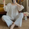 Vintage Cotton Lace Pajama Set – Square Neck Long Sleeve Sleepwear
