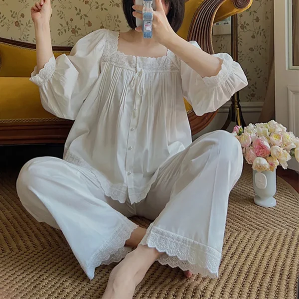 Vintage Cotton Lace Pajama Set – Square Neck Long Sleeve Sleepwear