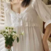 Vintage Victorian Cotton Lace Nightgown – White Long Sleeve Edwardian Sleepwear