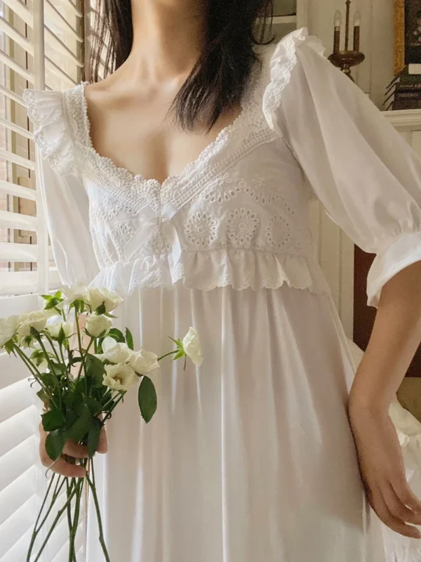 Vintage Victorian Cotton Lace Nightgown – White Long Sleeve Edwardian Sleepwear