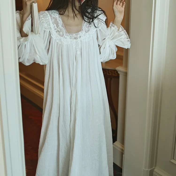 Ivory vintage jacquard cotton nightgown with floral lace square neckline