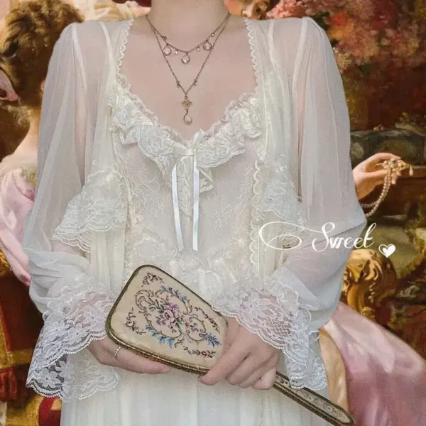 S7949329c76d94282851ca362cf3e18707.webp Vintage Lace Tulle Robe Set – Elegant Long Sleeve Nightdress & Sleepwear