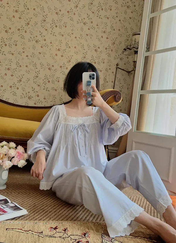 Vintage Cotton Lace Pajama Set – Square Neck Long Sleeve Sleepwear