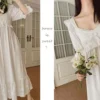 Vintage Victorian Cotton Lace Nightgown – White Long Sleeve Edwardian Sleepwear