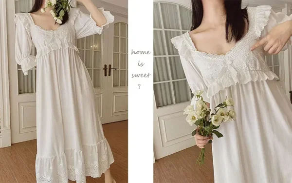 Vintage Victorian Cotton Lace Nightgown – White Long Sleeve Edwardian Sleepwear