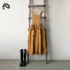 Vintage Cotton Linen Pinafore Dress – Square Neck Midi Dress with Pockets