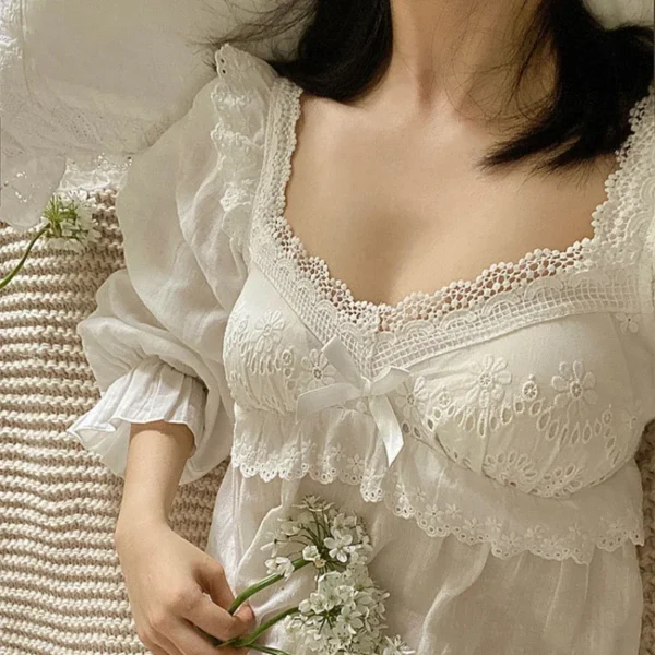 Vintage Victorian Cotton Lace Nightgown – White Long Sleeve Edwardian Sleepwear