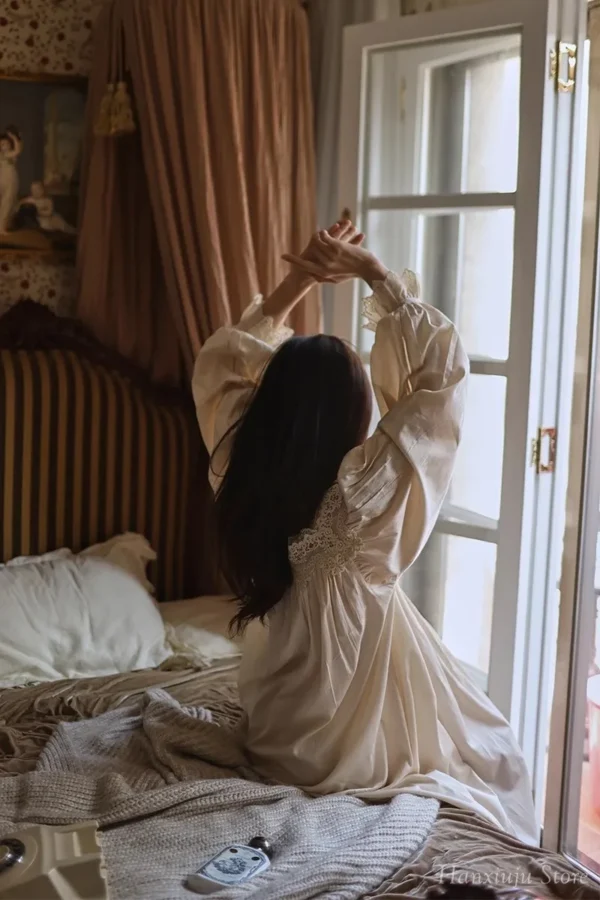 Vintage Cotton Lace Nightgown – Handmade Long Sleeve Victorian Sleepwear