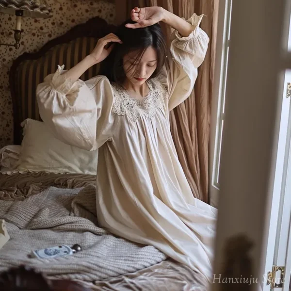 Vintage Cotton Lace Nightgown – Handmade Long Sleeve Victorian Sleepwear