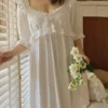 Vintage Victorian Cotton Lace Nightgown – White Long Sleeve Edwardian Sleepwear