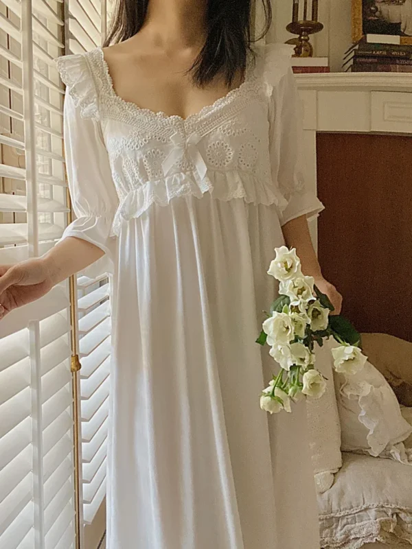Vintage Victorian Cotton Lace Nightgown – White Long Sleeve Edwardian Sleepwear