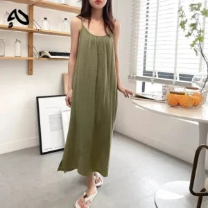 S8e2a9a7837a64670a2388f62f0488730M.webp Vintage Cotton Muslin Summer Dress – Sleeveless Relaxed Mid-Calf Dress