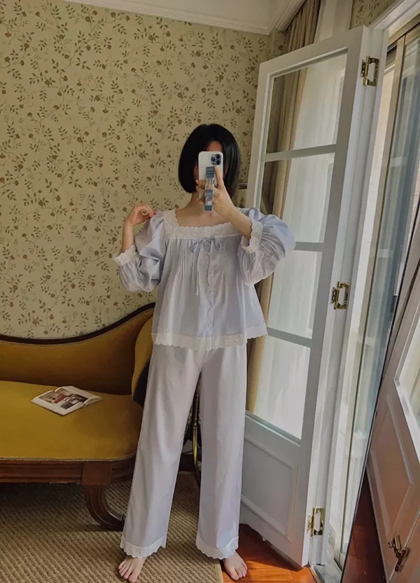 Vintage Cotton Lace Pajama Set – Square Neck Long Sleeve Sleepwear