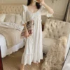 Vintage Victorian Cotton Lace Nightgown – White Long Sleeve Edwardian Sleepwear