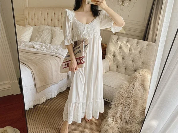 Vintage Victorian Cotton Lace Nightgown – White Long Sleeve Edwardian Sleepwear