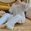 Vintage Cotton Lace Pajama Set – Square Neck Long Sleeve Sleepwear