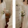 Vintage Victorian Cotton Lace Nightgown – White Long Sleeve Edwardian Sleepwear