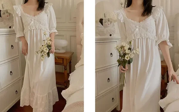 Vintage Victorian Cotton Lace Nightgown – White Long Sleeve Edwardian Sleepwear