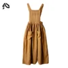 Vintage Cotton Linen Pinafore Dress – Square Neck Midi Dress with Pockets