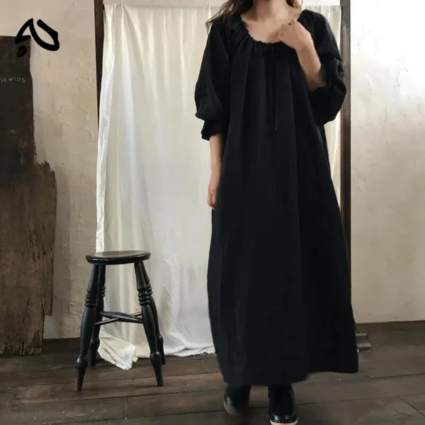 Vintage Victorian Cotton Linen Mori Dress – Long Sleeve Loose French Dress