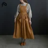 Vintage Cotton Linen Pinafore Dress – Square Neck Midi Dress with Pockets