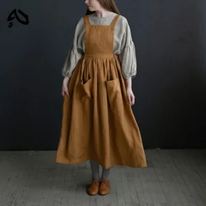 Vintage Cotton Linen Pinafore Dress – Square Neck Midi Dress with Pockets
