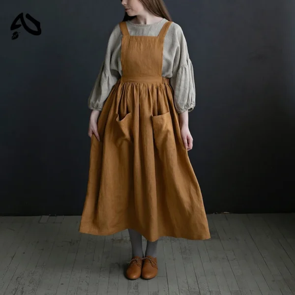 Vintage Cotton Linen Pinafore Dress – Square Neck Midi Dress with Pockets