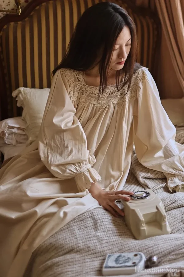 Vintage Cotton Lace Nightgown – Handmade Long Sleeve Victorian Sleepwear