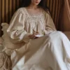 Vintage Cotton Lace Nightgown – Handmade Long Sleeve Victorian Sleepwear