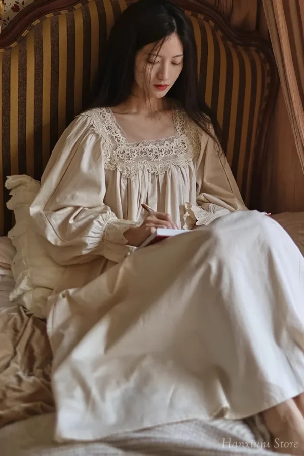 Vintage Cotton Lace Nightgown – Handmade Long Sleeve Victorian Sleepwear