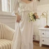 Vintage Victorian Cotton Lace Nightgown – White Long Sleeve Edwardian Sleepwear