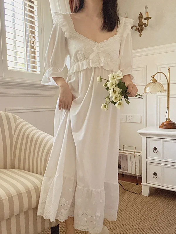 Vintage Victorian Cotton Lace Nightgown – White Long Sleeve Edwardian Sleepwear