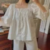 Vintage Cotton Lace Pajama Set – Square Neck Long Sleeve Sleepwear