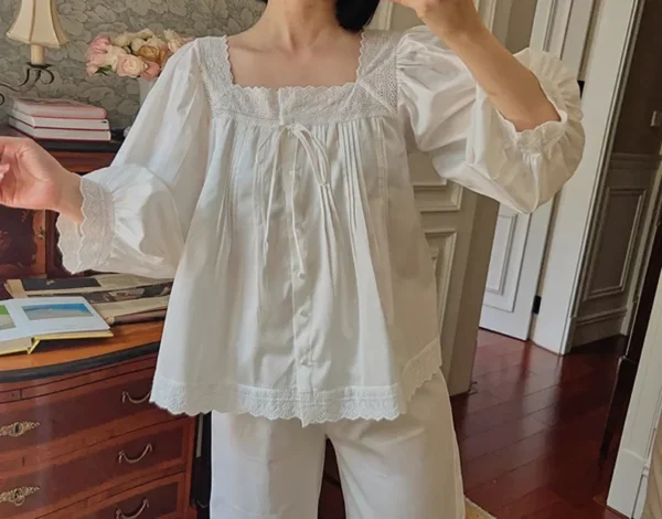 Vintage Cotton Lace Pajama Set – Square Neck Long Sleeve Sleepwear