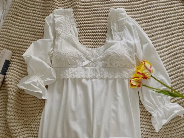Vintage Victorian Cotton Lace Nightgown – White Long Sleeve Edwardian Sleepwear