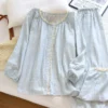 Blue floral cotton pajama set with long sleeves and trousers