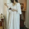 Ivory Lace Cotton Nightgown – Lifestyle Detail Vintage jacquard cotton nightgown in warm ivory at full length
