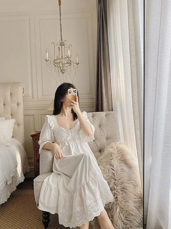 Vintage Victorian Cotton Lace Nightgown – White Long Sleeve Edwardian Sleepwear
