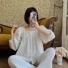 Vintage Cotton Lace Pajama Set – Square Neck Long Sleeve Sleepwear