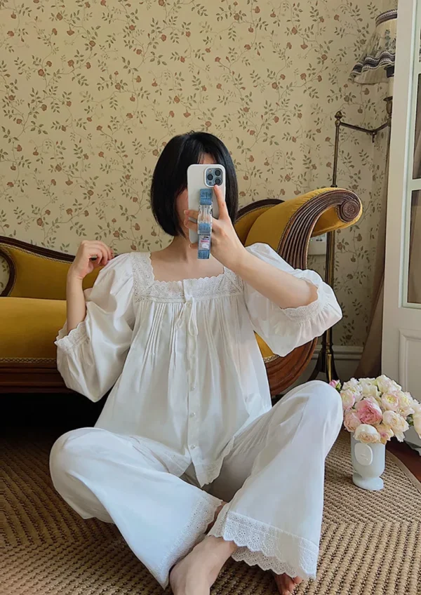 Vintage Cotton Lace Pajama Set – Square Neck Long Sleeve Sleepwear
