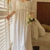 Vintage Victorian Cotton Lace Nightgown – White Long Sleeve Edwardian Sleepwear