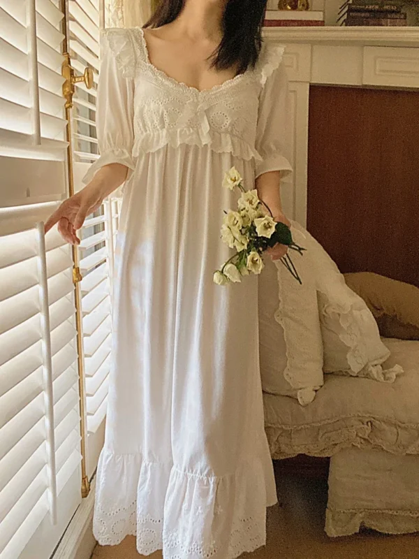 Vintage Victorian Cotton Lace Nightgown – White Long Sleeve Edwardian Sleepwear