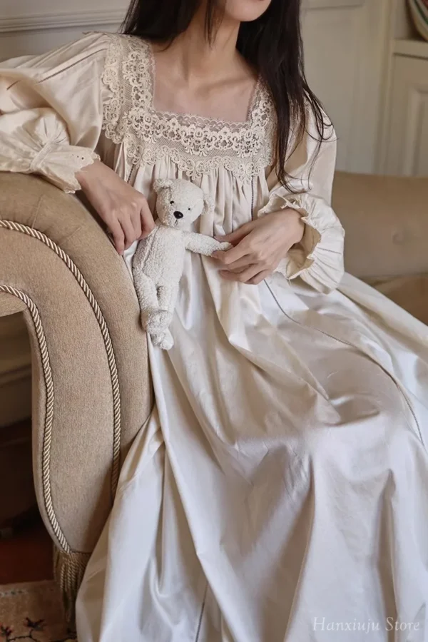 Vintage Cotton Lace Nightgown – Handmade Long Sleeve Victorian Sleepwear