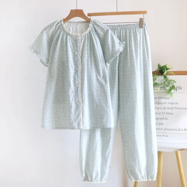 Blue floral cotton pajama set with long sleeves and trousers