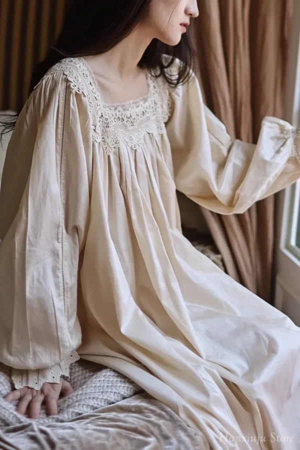 Vintage Cotton Lace Nightgown – Handmade Long Sleeve Victorian Sleepwear